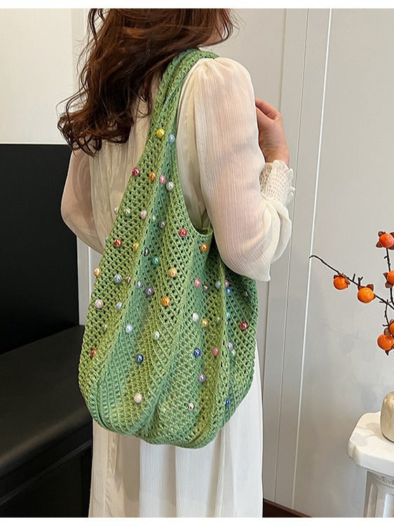 Green Summer Woven Handbag - Hollow Straw Beach Tote with Colorful Beads, Lazy Style, Large Capacity Shoulder Bag for Vacation - One Red Hill